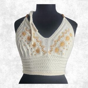 Romwe 3X Knit Sun Embroidered Halter Top – Cream Festival Crop Top Boho Beachwea